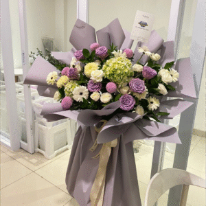 Bunga Papan Fresh Flowers Purple & Green